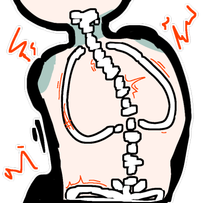 A spinal column (with other bones of the back) in a slightly curving torso with red pain lines radiating from it.